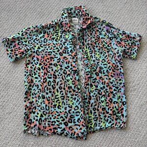 Zara Neon Leopard Print Button Down - Colorful Tie Dye Short Sleeve Shirt